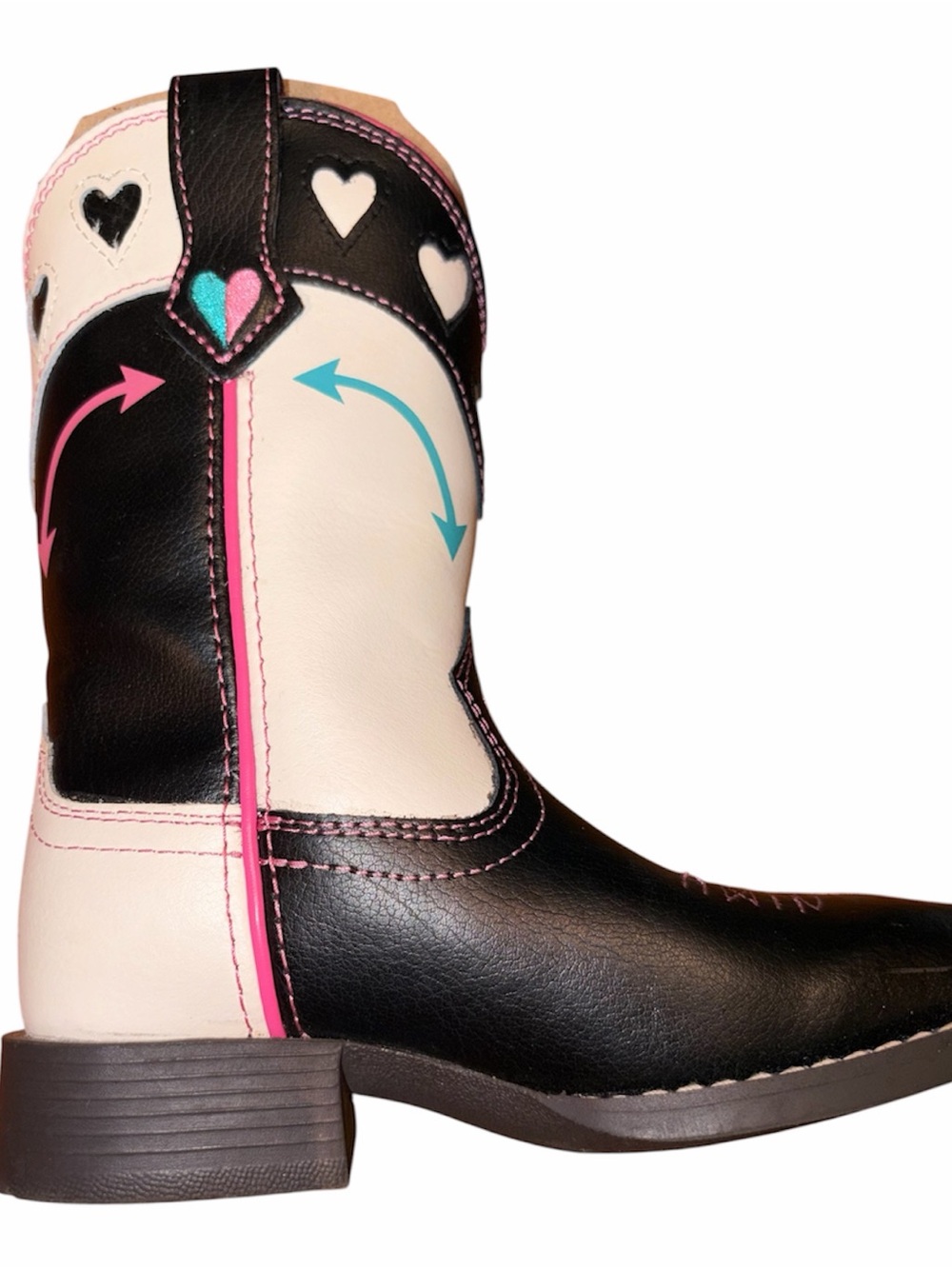 Ariat Girls' Black, Cream & Pink Heart Western Boots with Turquoise Accents - Picture 9 of 12